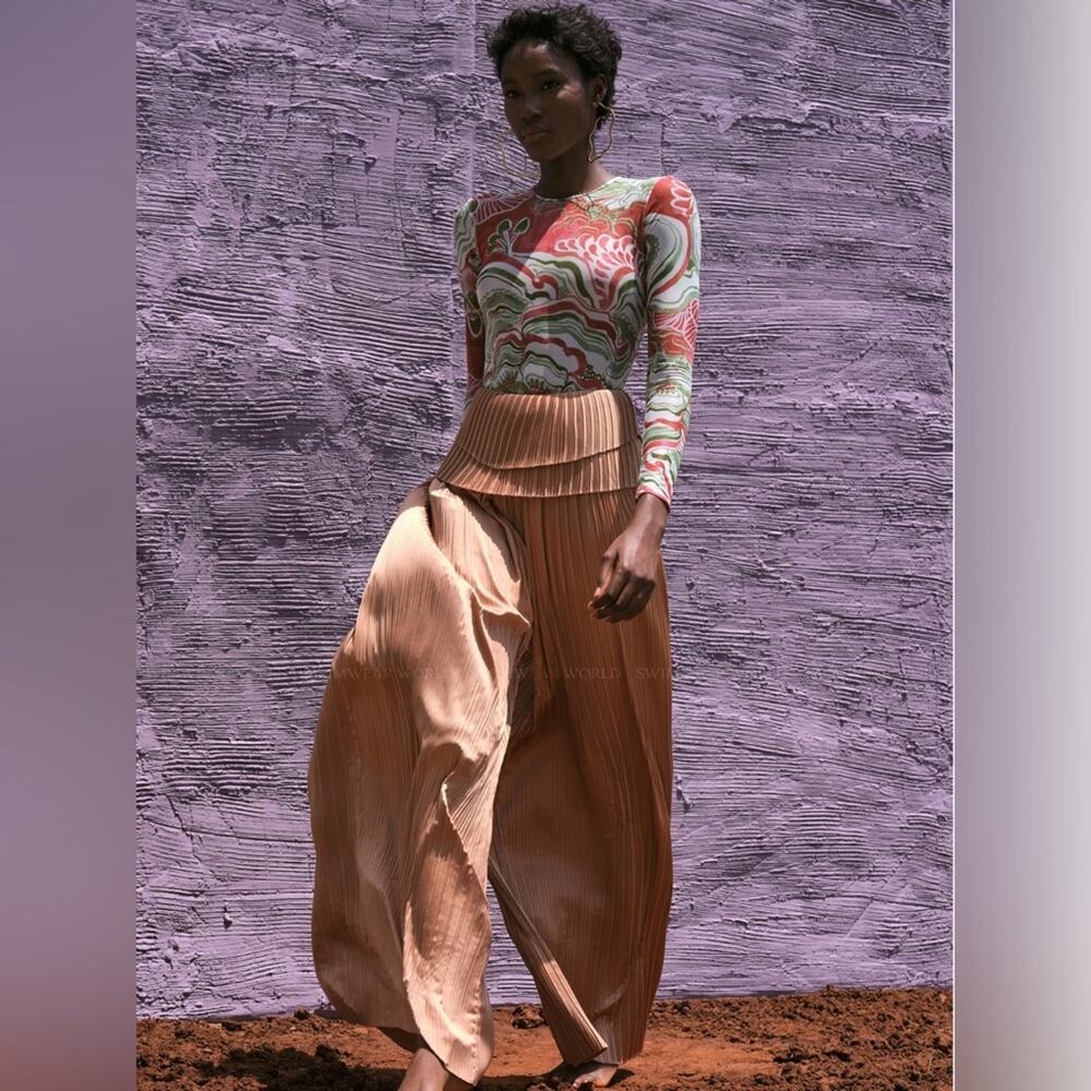 Andrea Iyamah Linea Toffee Pleated Wide-Leg Pants Peplum Waist - Picture 13 of 13